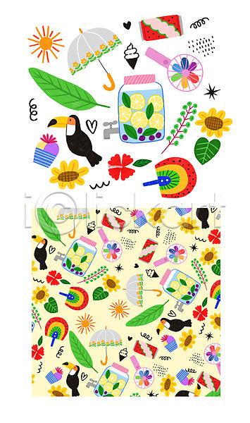 사람없음 PSD 일러스트 꽃 나뭇잎 부채 선풍기 수박 아이스크림 여름(계절) 여름음식 우산 음료 제철과일 조류 컬러풀 태양 패턴 패턴백그라운드 하트