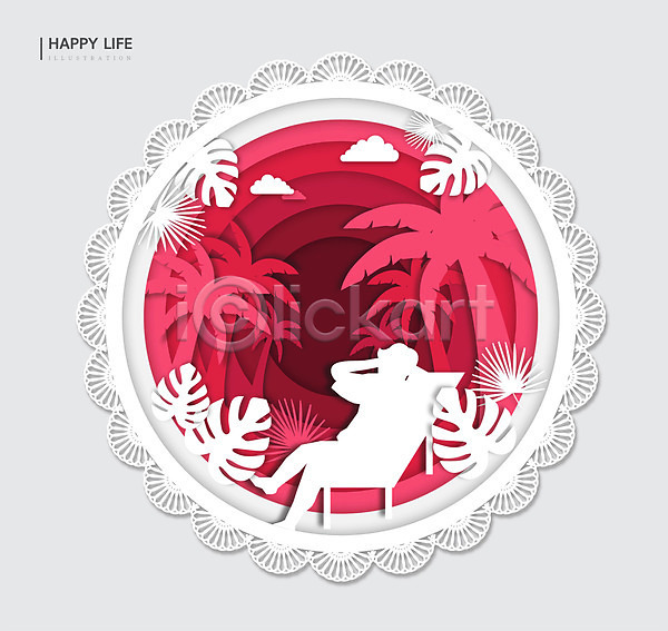 즐거움 행복 한명 AI(파일형식) 실루엣 일러스트 라이프스타일 바캉스 분홍색 비치웨어 야자수 여름휴가 원형 프레임 휴양지