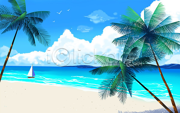 사람없음 PSD 일러스트 구름(자연) 바다 바캉스 보트 야자수 여름(계절) 여름풍경 여름휴가 파란색 해변