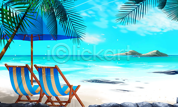 사람없음 PSD 일러스트 바다 바캉스 선베드 야자수 여름(계절) 여름풍경 여름휴가 의자 파라솔 파란색 해변