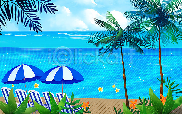 사람없음 PSD 일러스트 바캉스 선베드 야외수영장 야자수 여름(계절) 여름풍경 여름휴가 파라솔 파란색