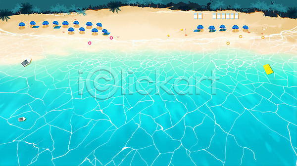 사람없음 PSD 일러스트 바다 바캉스 선베드 야외수영장 여름(계절) 여름풍경 여름휴가 파라솔 파란색 해변