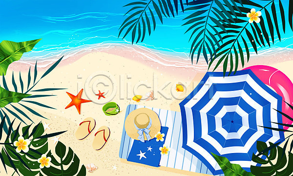 사람없음 PSD 일러스트 모자(잡화) 바다 바캉스 야자수 야자수잎 여름(계절) 여름풍경 여름휴가 파라솔 파란색 해변