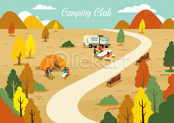 남자 성인 여러명 여자 AI(파일형식) 일러스트 가을(계절) 나무 단풍 단풍나무 벤치 숲 자연 전신 캠핑 캠핑장 캠핑카 텐트