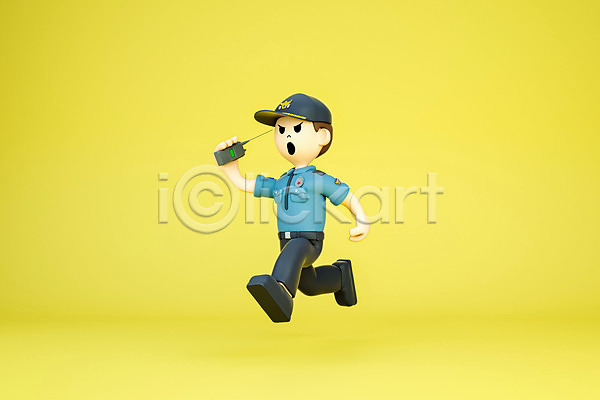 남자 성인 성인남자한명만 한명 3D PSD 디지털합성 편집이미지 3D소스 3D캐릭터 경찰 달리기 모션 무전기 점프 직업 출동 캐릭터 편집
