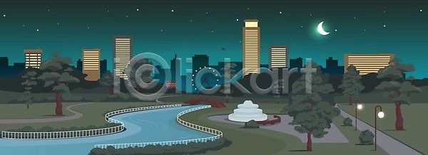 휴식 사람없음 EPS 일러스트 해외이미지 공원 달 달빛 도시 야간 야외 초록색 타운 풍경(경치) 해외202008