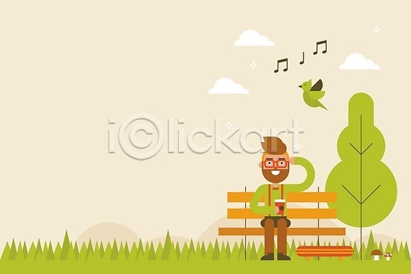 휴식 남자 성인 성인남자한명만 한명 EPS 일러스트 해외이미지 공원 노래 벤치 스케이트보드 앉기 잔디 전신 조류 초록색 커피 해외202008