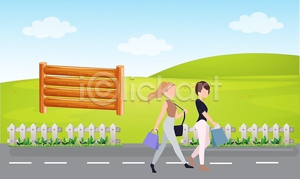 산책 휴식 두명 성인 성인여자만 여자 EPS 일러스트 해외이미지 가방 걷기 공원 들기 야외 정원 해외202008