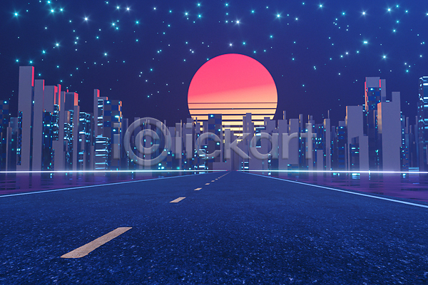 사람없음 EPS 실루엣 일러스트 해외이미지 가득함 건물 고층빌딩 네온 도로 도시 반짝임 빛 스카이라인 태양