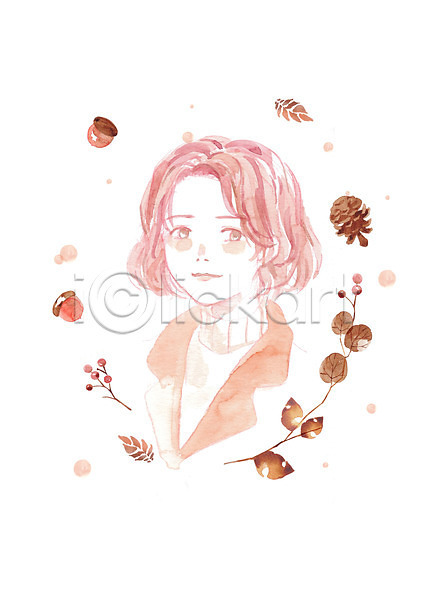 감성 여자 여자한명만 한명 PSD 일러스트 가을(계절) 갈색 나뭇잎 단풍 도토리 미소(표정) 번짐 붓터치 뷰티 상반신 솔방울 수채화(물감) 열매