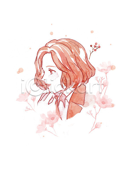 감성 여자 여자한명만 한명 PSD 일러스트 가을(계절) 꽃 미소(표정) 번짐 분홍색 붓터치 뷰티 상반신 수채화(물감) 열매 코스모스(꽃)