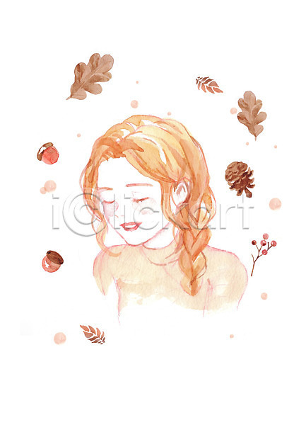 감성 여자 여자한명만 한명 PSD 일러스트 가을(계절) 갈색 나뭇잎 단풍 도토리 미소(표정) 번짐 붓터치 뷰티 상반신 솔방울 수채화(물감) 열매