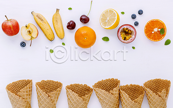 사람없음 JPG 포토 해외이미지 과일 레몬 바나나 블루베리 사과 아이스크림 아이스크림콘 오렌지 체리 해외202008 흰배경