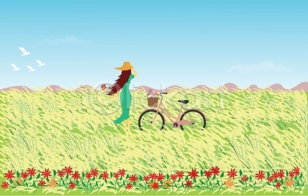 휴식 성인 성인여자한명만 여자 한명 EPS 일러스트 해외이미지 갈대(식물) 공원 라이프스타일 바람 야외 잎 자전거 전신 초록색 풍경(경치) 해외202008