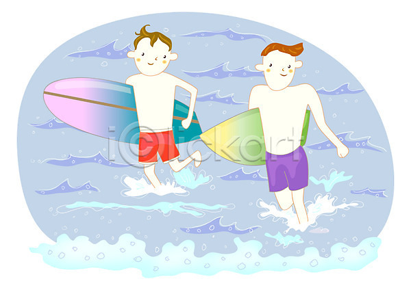 남자 남자만 두명 사람 PSD 일러스트 계절 들기 라이프 라이프스타일 레저 레포츠 물결 물놀이 바다 보드(스포츠) 서기 서핑 서핑보드 수영복 야외 여름(계절) 여름스포츠 운동 윈드서핑 취미 파도 해변 휴가