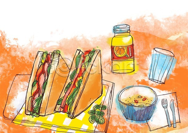 사람없음 PSD 라인일러스트 일러스트 나이프 냅킨 디저트 물컵 빵 샌드위치 수프 아침식사 오렌지주스 요리 음료 음식 주스 컵 포크