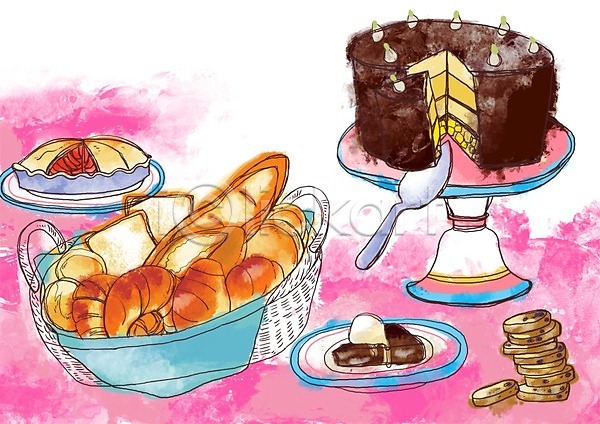 사람없음 PSD 라인일러스트 일러스트 과자 그릇 빵 빵집 요리 음식 접시 초코케이크 케이크 쿠키