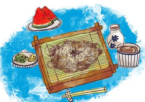사람없음 PSD 라인일러스트 일러스트 고추냉이 그릇 메밀국수 메밀면 면 면류 수박 요리 음식 일본음식 젓가락 젓가락받침대 주전자 판모밀