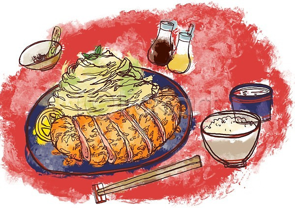 사람없음 PSD 라인일러스트 일러스트 그릇 깨갈이 돈가스 된장국 레몬장식 밥 샐러드 양념통 양배추 요리 음식 일본음식 젓가락 젓가락받침대 참깨갈이 커틀릿 튀김