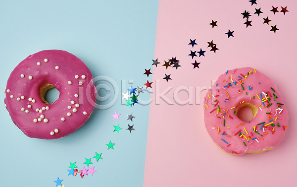 달콤 사람없음 JPG 포토 해외이미지 도넛 디저트 별 분홍색배경 세트 장식 파란배경 해외202008