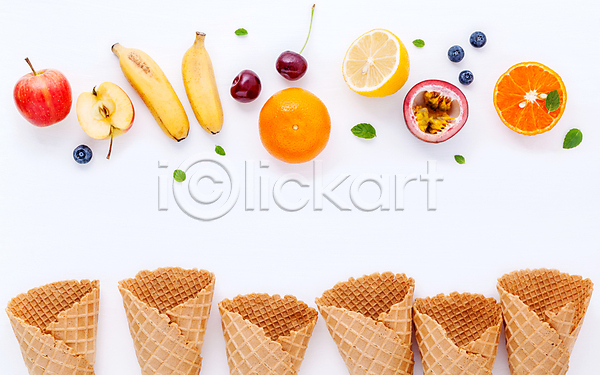 달콤 사람없음 JPG 포토 해외이미지 과일 딸기 바나나 아이스크림 아이스크림콘 오렌지 해외202008 흰배경