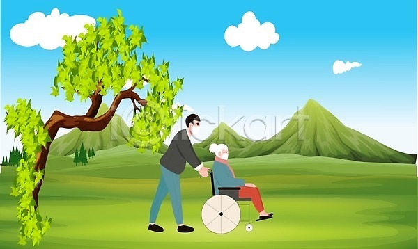 산책 남자 노년 두명 성인 여자 EPS 일러스트 해외이미지 가족 공원 돌봄 라이프스타일 서기 앉기 야외 전신 정원 초록색 할머니 해외202008 휠체어