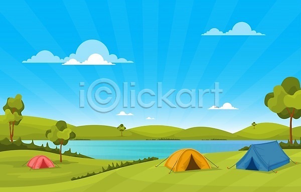 휴식 사람없음 EPS 일러스트 해외이미지 강 공원 나무 라이프스타일 야외 캠핑 텐트 풍경(경치) 하늘 해외202008