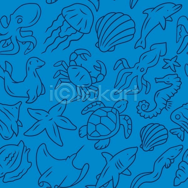 사람없음 EPS 일러스트 해외이미지 가오리 거북이 문어 불가사리 상어 심플 어류 파란색 패턴 해마 해외202008