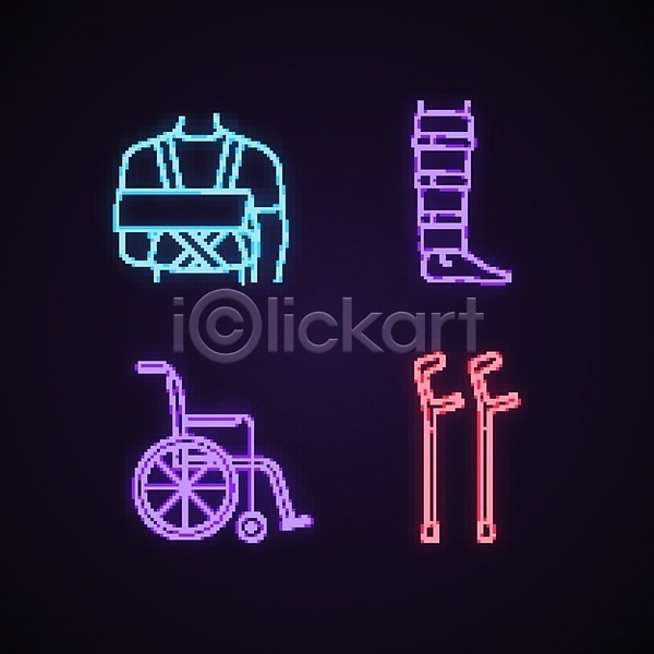 도움 사람없음 EPS 일러스트 해외이미지 깁스 네온 디자인 붕대 치료 해외202008 휠체어