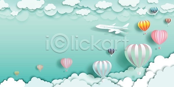 사람없음 EPS 일러스트 해외이미지 구름(자연) 디자인 무료이미지 민트색 비행기 여행 열기구 프레임 해외202008 휴가