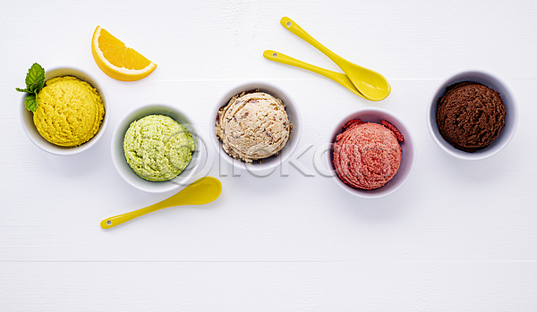 달콤 사람없음 JPG 포토 해외이미지 레몬 바닐라 숟가락 아이스크림 젤라또 해외202008 흰배경