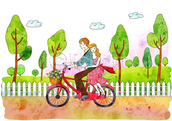 사랑 남자 두명 사람 여자 PSD 일러스트 공공시설 공원 구름(자연) 길 꽃 나무 데이트 바구니 식물 야외 언덕 울타리 원피스 자전거 주간 치마 커플