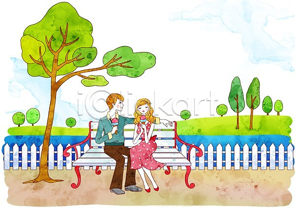 사랑 남자 두명 사람 여자 PSD 일러스트 공공시설 공원 구름(자연) 길 나무 데이트 벤치 식물 아이스크림 앉기 야외 언덕 울타리 의자 전신 주간 커플 호수