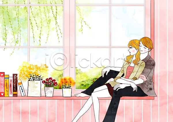 사랑 남자 두명 사람 여자 PSD 일러스트 꽃 꽃병 나무 데이트 버드나무 벽 상반신 식물 실내 안기 앉기 줄무늬 창가 창문 창문틀 책 커플 포옹 화분