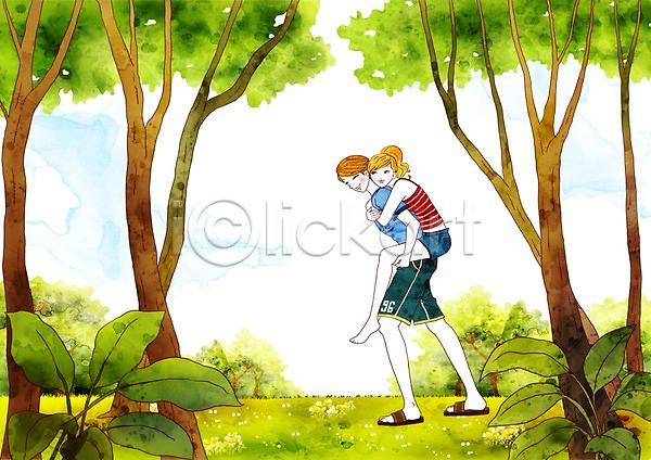 사랑 남자 두명 사람 여자 PSD 일러스트 나무 데이트 숲 식물 야외 업기 잔디 전신 주간 커플 풀(식물)