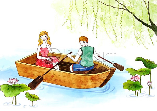 사랑 남자 두명 사람 여자 PSD 일러스트 하이앵글 꽃 나룻배 나무 노(배의노) 데이트 배(교통) 버드나무 상반신 식물 앉기 야외 연꽃(꽃) 연못 연잎 주간 커플 호수