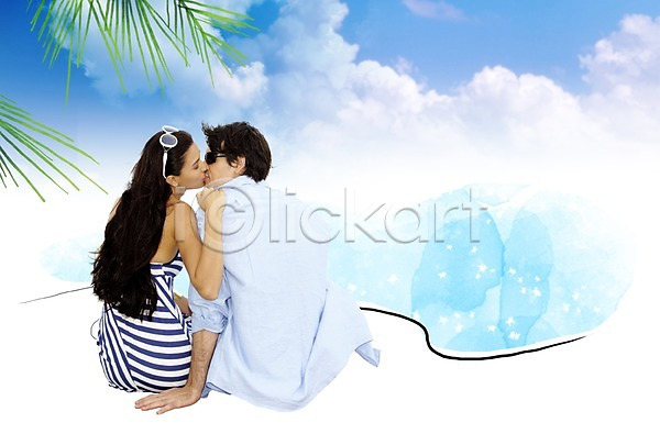 사랑 휴식 남자 두명 사람 여자 PSD 편집이미지 구름(자연) 나뭇잎 바다 바캉스 백그라운드 상반신 선글라스 셔츠 앉기 야외 여름(계절) 여름휴가 원피스 주간 커플 키스 하늘 해변 휴가