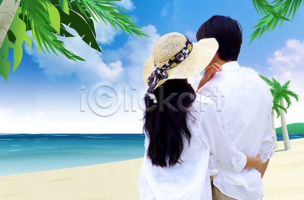 사랑 휴식 남자 두명 사람 여자 PSD 뒷모습 편집이미지 구름(자연) 나무 모자(잡화) 바다 바캉스 백그라운드 상반신 서기 셔츠 야외 야자수 여름(계절) 여름휴가 주간 커플 하늘 해변 휴가