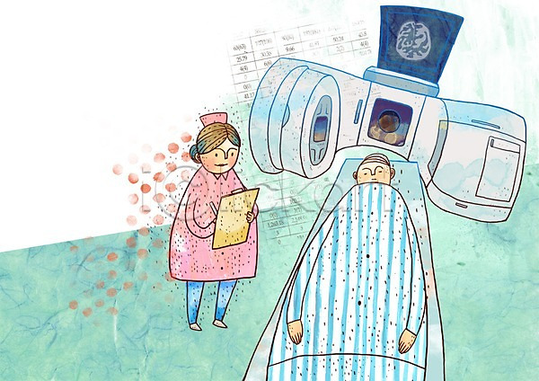 남자 두명 사람 여자 PSD 일러스트 MRI 간호사 검사(조사) 기계 서류판 실내 의료기계 의료기기 의학 장비 진료 치료 환자