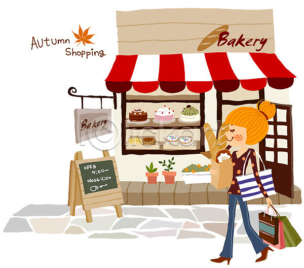 사람 여자 여자만 일러스트 가을(계절) 계절 라이프 빵집 쇼핑 우먼라이프 자연 케이크