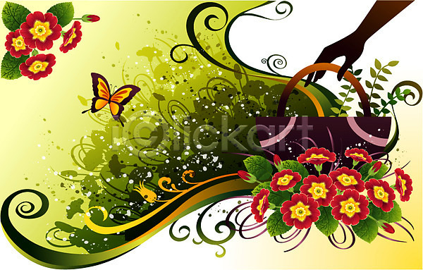 사람없음 EPS 일러스트 가방 꽃 나비 백그라운드 식물 자연 잡화 컬러 팝아트 프리뮬러