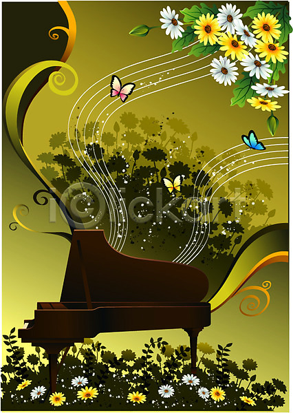 사람없음 EPS 일러스트 건반 건반악기 국화 그랜드피아노 꽃 나비 백그라운드 식물 악기 자연 컬러 팝아트 피아노(악기)