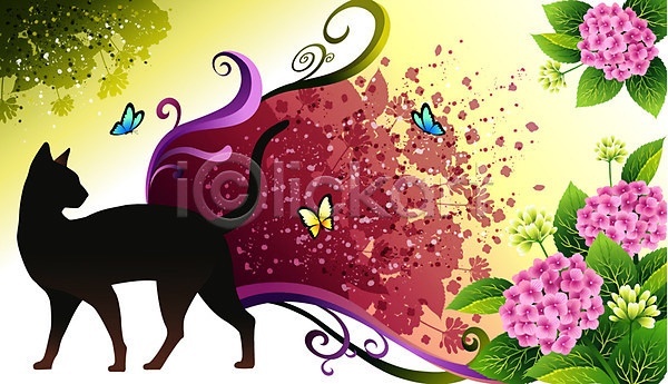 사람없음 EPS 실루엣 일러스트 고양이 그림자 꽃 나비 백그라운드 분홍색 수국 식물 자연 컬러 팝아트
