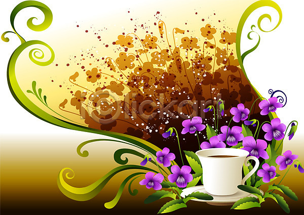 사람없음 EPS 일러스트 꽃 백그라운드 보라색 식물 자연 잔 제비꽃 커피 커피잔 컬러 컵 팝아트
