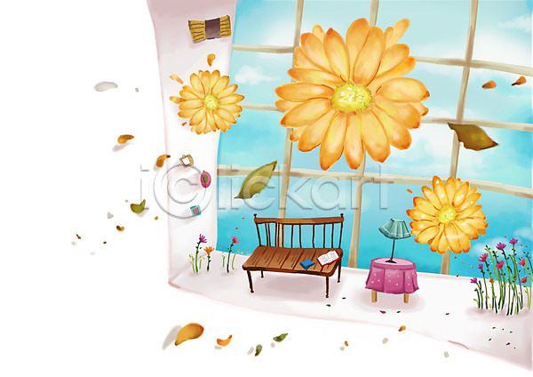 사람없음 PSD 일러스트 가로 가을(계절) 가을배경 구름(자연) 꽃 꽃잎 나뭇잎 낙엽 배경삽화 백그라운드 벤치 스탠드 의자 조명 창문 책 탁자 하늘