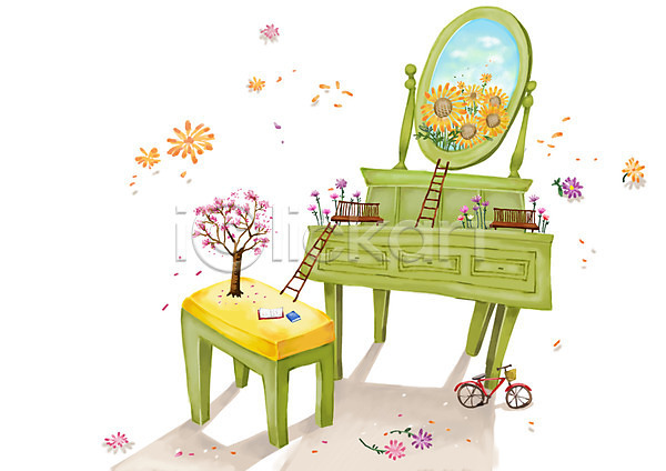 사람없음 PSD 일러스트 가구 가로 거울 그림자 꽃 꽃잎 나무 배경삽화 백그라운드 벤치 사다리 식물 의자 자전거 책 해바라기 화장대