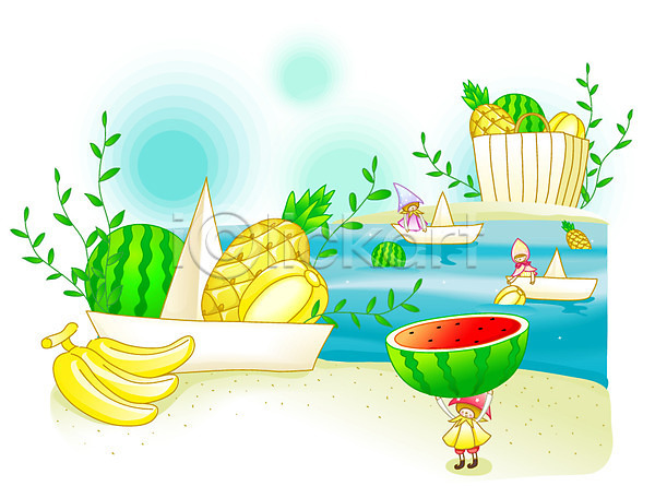 사람없음 EPS 일러스트 가로 계절 과일 덩굴 모래 모래사장 바구니 바나나 바다 백그라운드 선물 섬 쇼핑 쇼핑백 수박 식물 여름(계절) 요정 이벤트 종이배 줄기 참외 파인애플 풀(식물) 해변