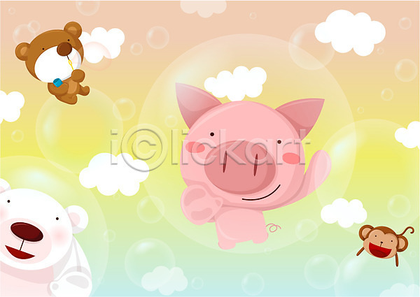 사람없음 EPS 일러스트 가로 곰 곰캐릭터 공기방울 구름(자연) 동물 동물캐릭터 돼지 돼지캐릭터 백곰 비눗방울 원숭이 원숭이캐릭터 육지동물 척추동물 캐릭터 포유류