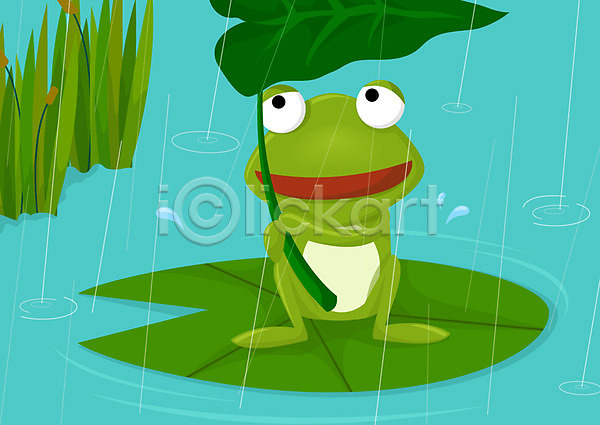사람없음 EPS 일러스트 가로 개구리 개구리캐릭터 나뭇잎우산 동물 동물캐릭터 비(날씨) 빗방울 야외 양서류 연못 연잎 잎 척추동물 캐릭터