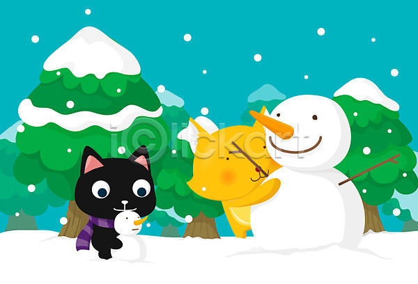 사람없음 EPS 일러스트 가로 겨울 계절 고양이 고양이캐릭터 나무 나뭇가지 눈(날씨) 눈사람 동물 동물캐릭터 설원 식물 야외 여우 여우캐릭터 육지동물 척추동물 캐릭터 포유류